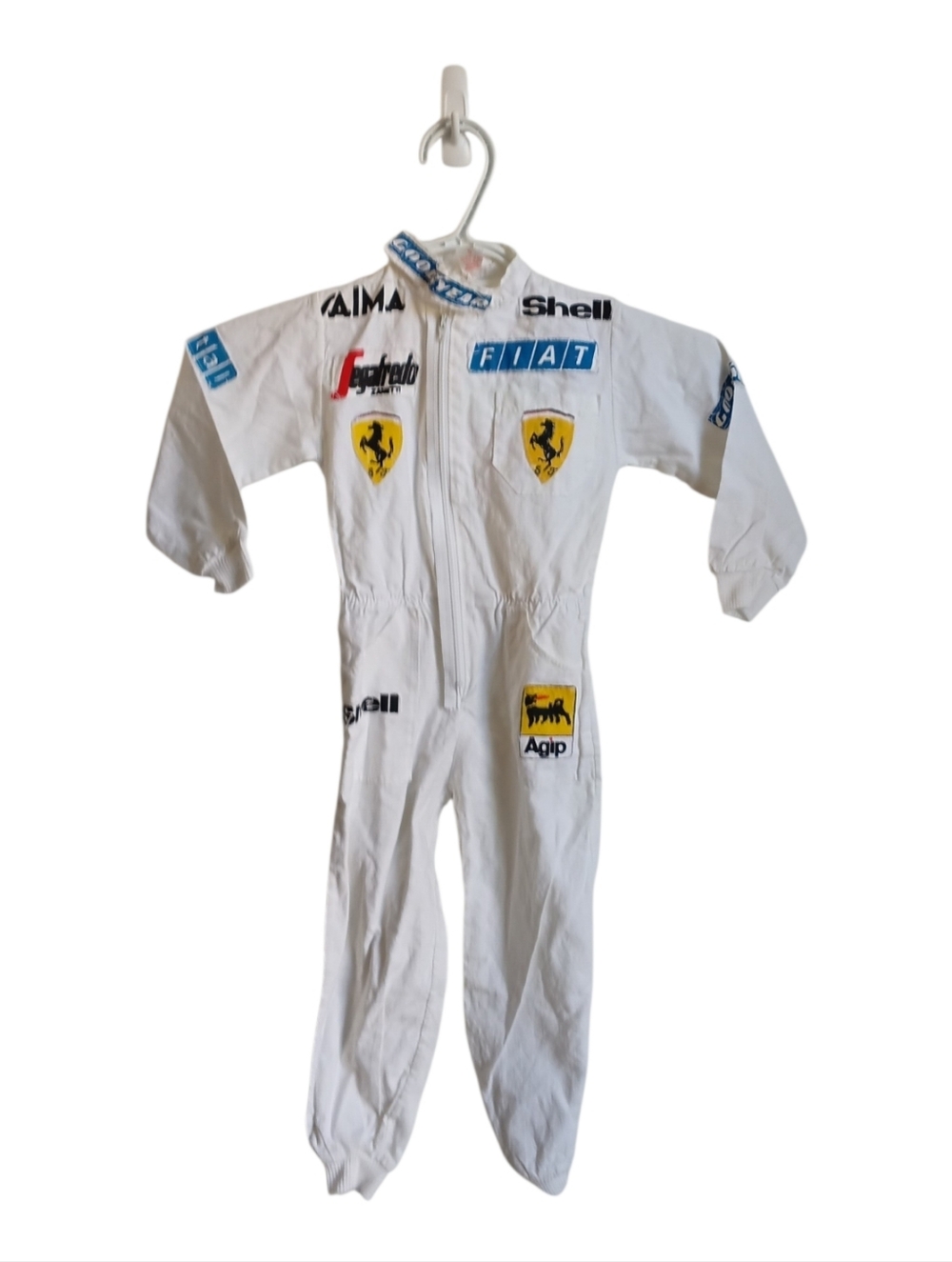Vintage Ferrari White Kids Racing One-Piece with Sponsor Patches Size Small
